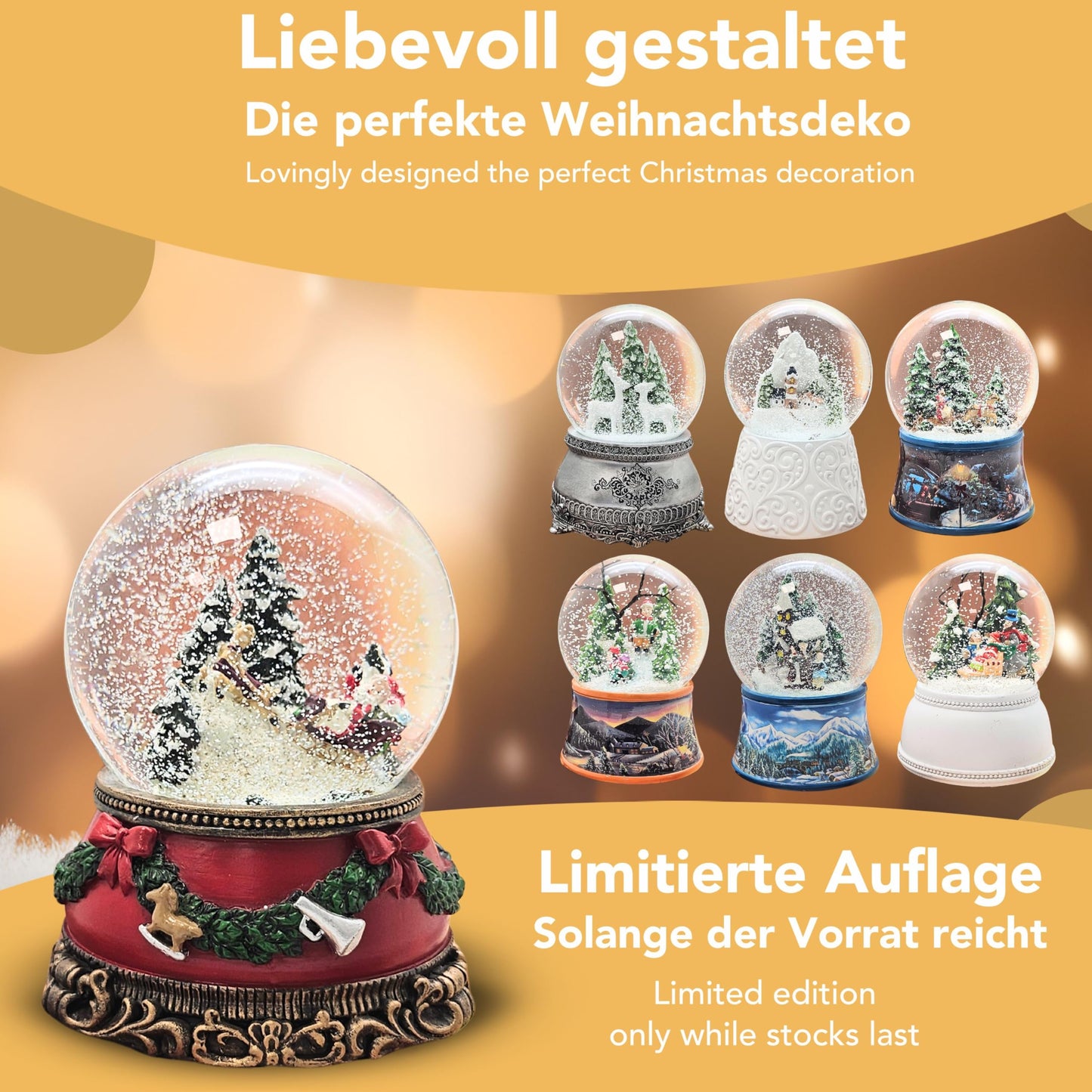 Snow globe Christmas music box | Santa in sleigh | Base Christmas red pine garland | with music | Shake ball Christmas decoration | W: 10 cm H: 14 cm | 20276