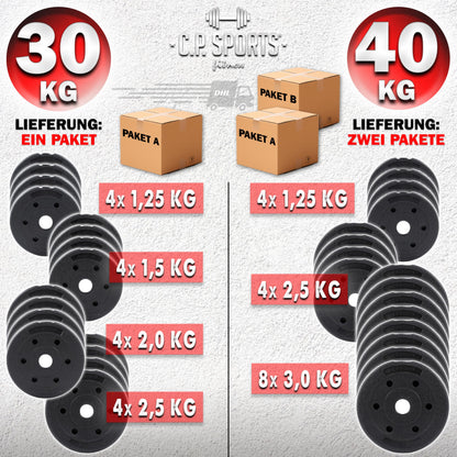 C.P. Sports 2in1 dumbbell & barbell set 30kg / 40kg | Weight plates - Weights - Barbell bars | Adjustable dumbbells - Barbell set for strength training, fitness, home gym (blue-black - 40kg set)