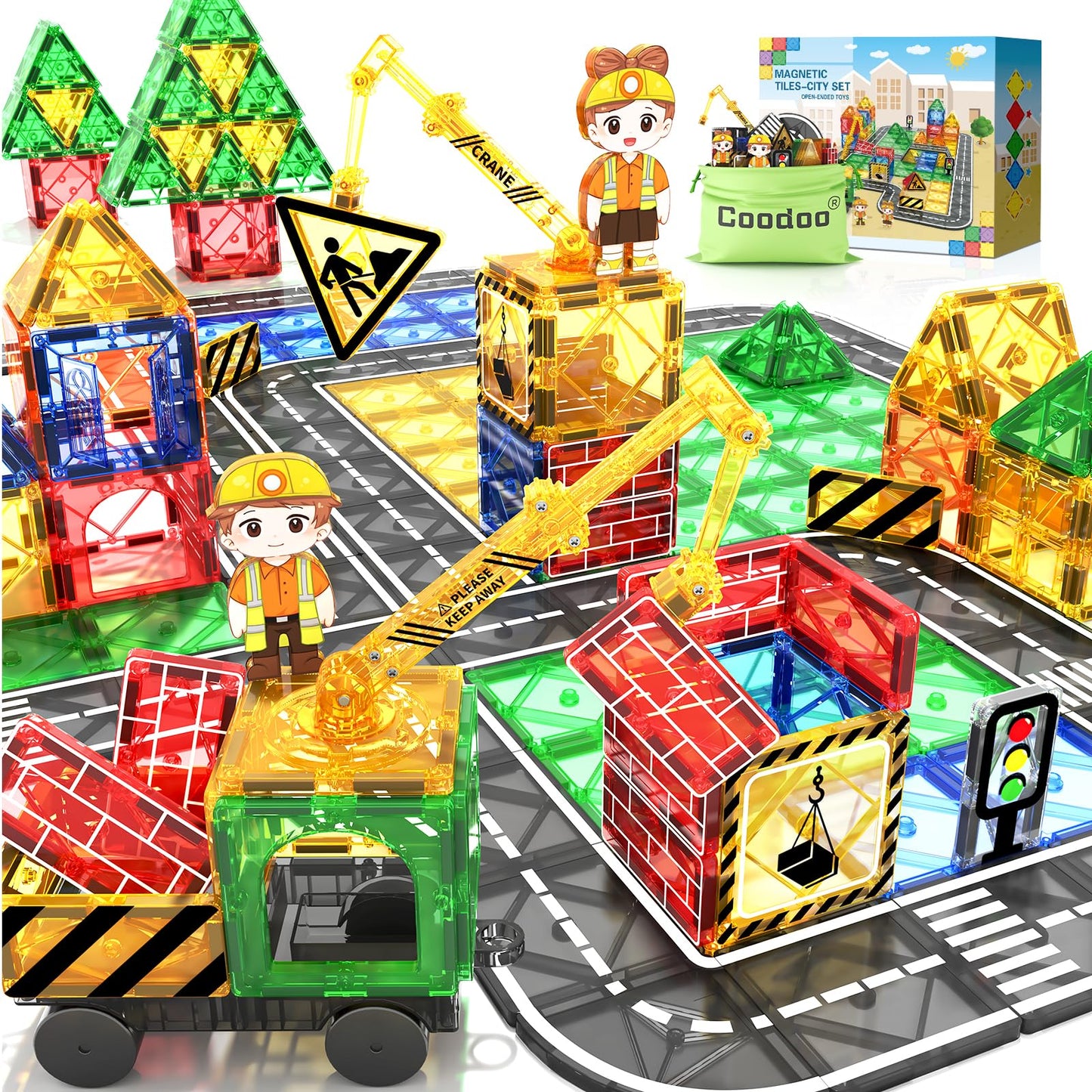Children's play magnetic building blocks road set with retractable magnetic crane, city building toy for toddlers preschool toy age 4-6 5-7, gifts for boys girls from 3 years old Kids' toy