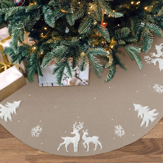 LOMOHOO Christmas Tree Skirt 48 inches knitted 3D Elk Christmas Tree Skirt, Rustic red tree skirt for Christmas decoration, for indoor and outdoor use (Beige, 48 inches)