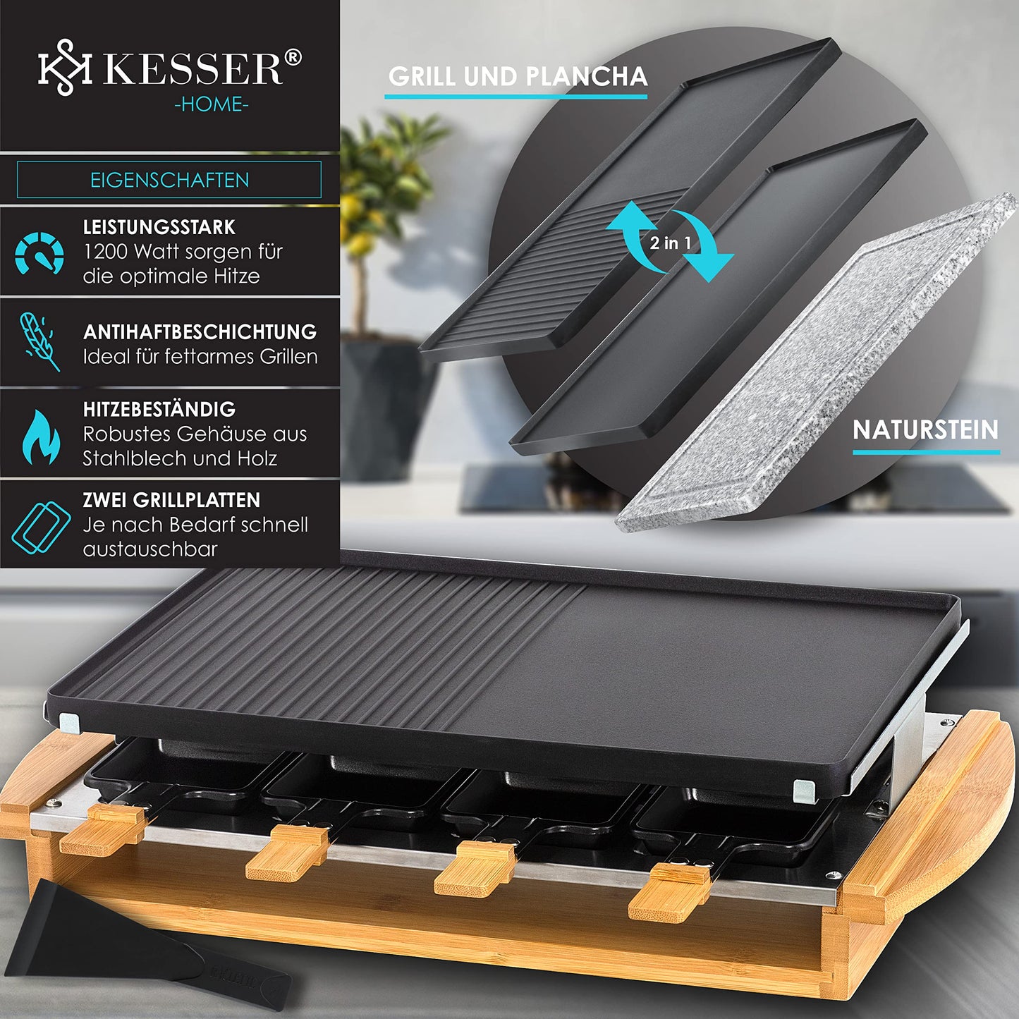 KESSER® Raclette grill with natural stone grill plate, tabletop grill for 8 people, electric raclette grill with non-stick coating grill plate, 8 pans and wooden spatula 1200W