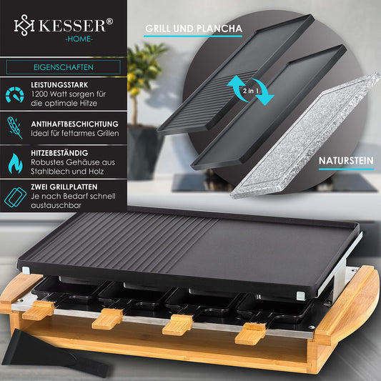 KESSER® Raclette grill with natural stone grill plate, tabletop grill for 8 people, electric raclette grill with non-stick coating grill plate, 8 pans and wooden spatula 1200W