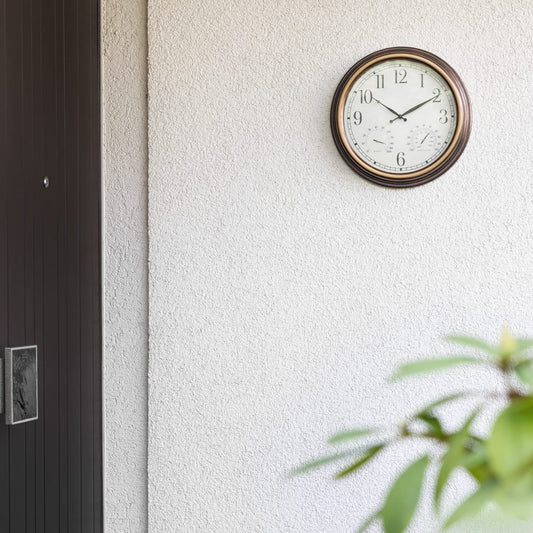Navaris outdoor clock analog - with thermometer and hygrometer display - 38.1 x 5cm - round clock for hanging without ticking - decor garden wall clock