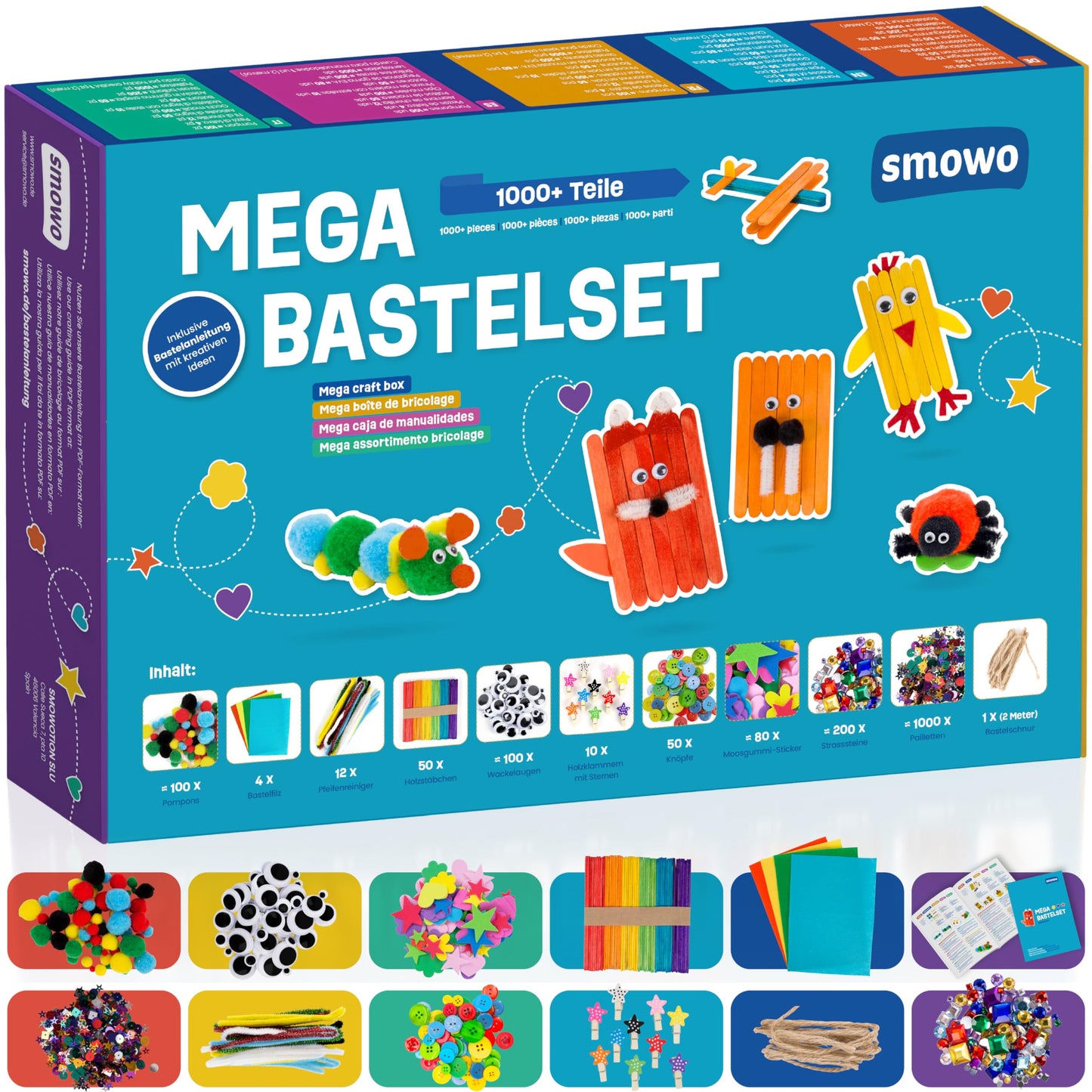 Smowo® Mega Craft Set Starter Set - Craft Box Mix - with creative crafting ideas - Colorful crafting supplies box for crafting for girls and boys.