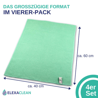 ELEXACLEAN Microfiber Drying Towel, Premium Waffle Cloth (4 pieces, 60x40 cm, Green) super soft quality for car, glass, kitchen, dishes, bathroom.