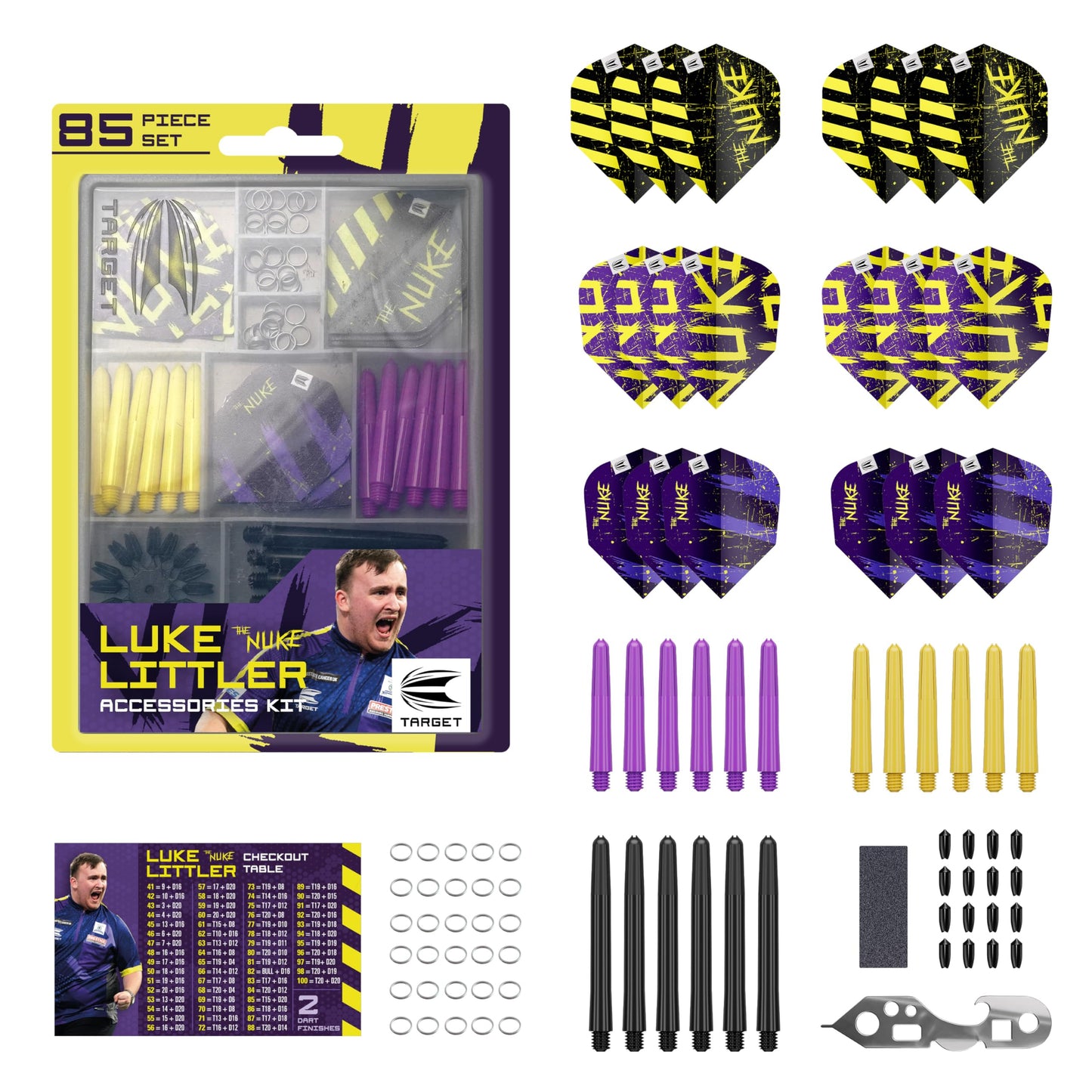 Target Darts Luke Littler Dart Accessories Set | The Nuke 85-piece Dart Set includes dart flights and protectors, shafts, flight protector, multi-tool, dart point sharpener, and steel.
