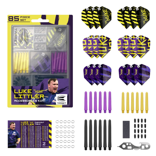 Target Darts Luke Littler Dart Accessories Set | The Nuke 85-piece Dart Set includes dart flights and protectors, shafts, flight protector, multi-tool, dart point sharpener, and steel.