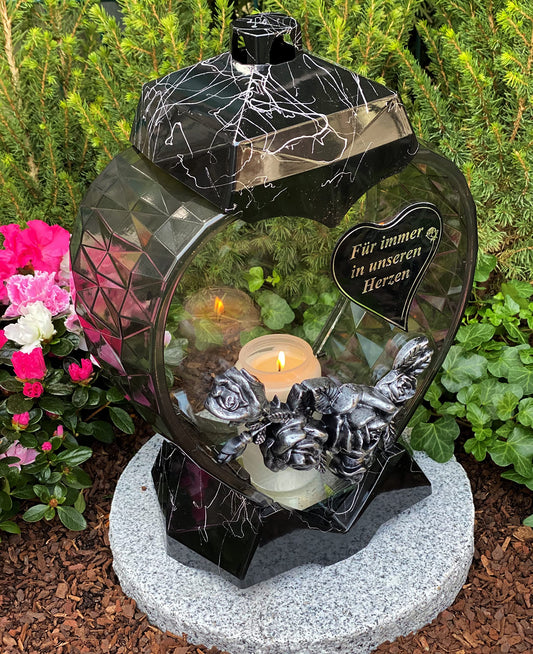 Grave lamp lantern heart shape with inscription "Forever in our hearts" grave light candle grave candle grave decoration 33 cm H.! Grave ornament New model incl. candle, black