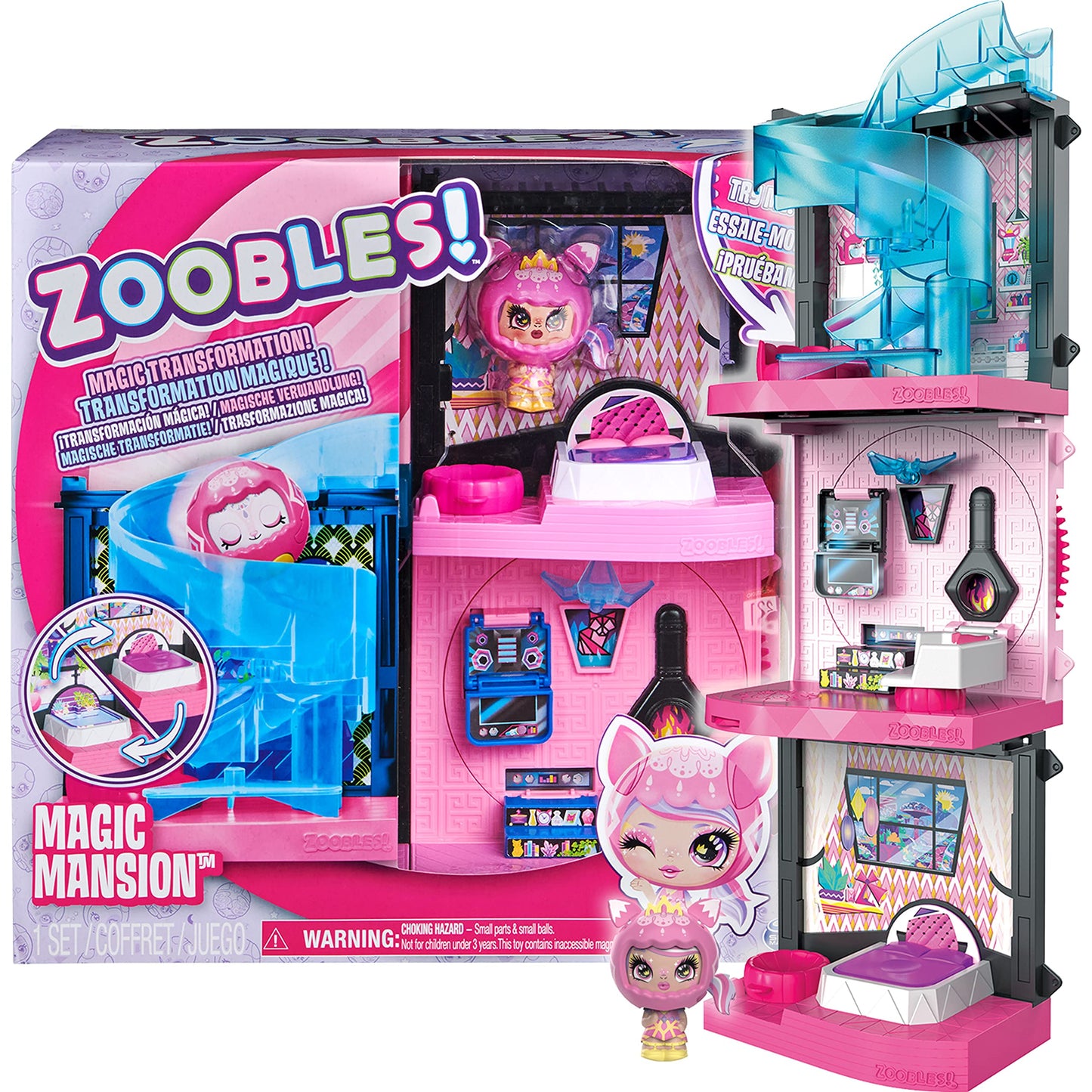Zoobles Magic Mansion dream house with 6 rooms, slide, and accessories.