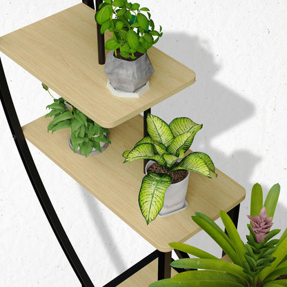 Ribelli 5-tier metal plant stand in half moon shape 172cm, plant shelf with 5 shelves & hooks, tall flower stand plant ladder with tip protection for balcony living room terrace (2 pieces, Brown)