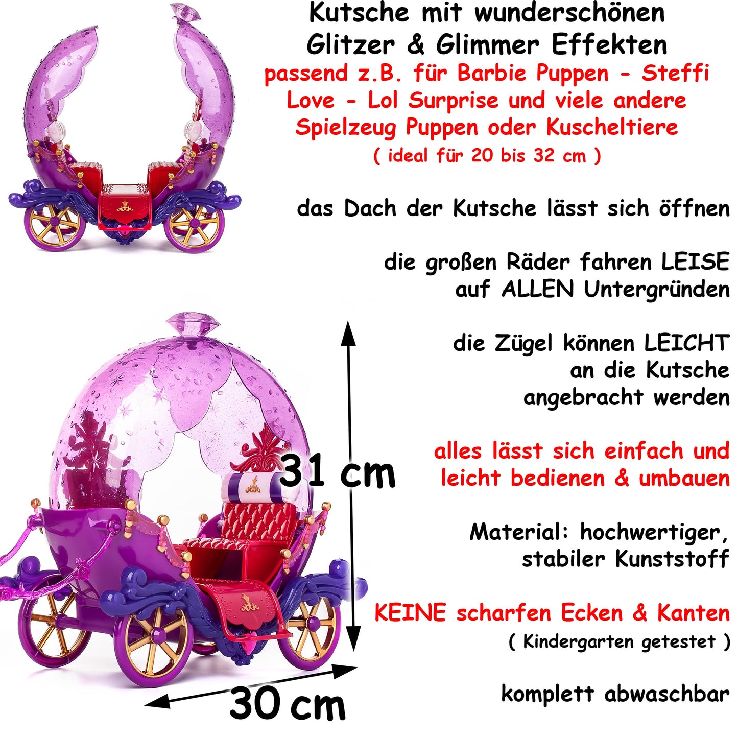 Doll carriage with horse & doll - purple for Barbie dolls - Steffi Love - LOL Surprise toy doll - Princess horse carriage - fairytale carriage.