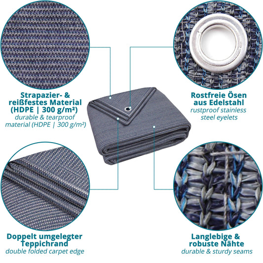 Valuents] Awning Carpet - blue/grey - 300x500cm - Camping Rug Outdoor - Tent Carpet Caravan/Camper including carrying bag + clothesline & 8X T-pegs