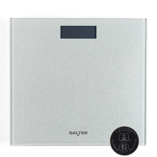 Salter 9037 SVGL3R bathroom scale with glitter, digital personal scale, tempered glass platform, easily readable, instant weight measurement, glass scale, 180kg capacity, body scale, Silver.