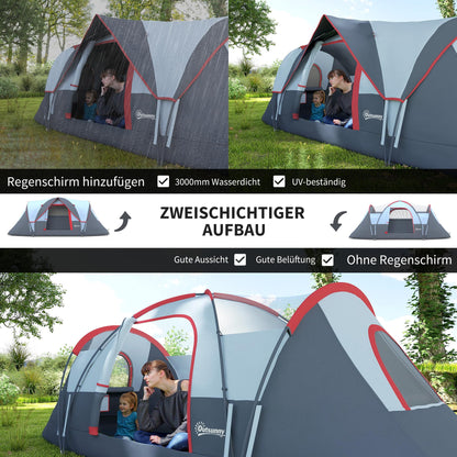 Outsunny camping tent for 5-6 people, sturdy and waterproof. Family tent with entrance, window, and carrying bag. 3000mm water column tunnel tent for camping, travel, and garden. Light grey.