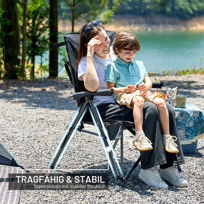 TIMBER RIDGE folding camping chair with wide 55cm seat, XXL padded backrest, and side pocket. Supports up to 150kg, perfect for camping, garden, balcony.