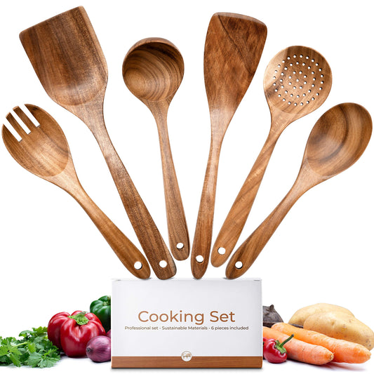 TROSTER® Kitchen Utensil Set Wood - 100% FSC - Wooden spatula, wooden spoon, wooden soup ladle, wooden skimmer - Wooden kitchen helper set - Wooden cooking utensil set - Wooden cooking utensils set