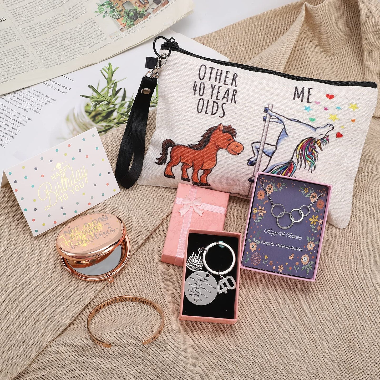 Gifts for a 40th birthday for women, 9 special, unique, fun gifts for women turning 40, wife, mother, sister, friends, ladies, colleagues, socks, wine glass, candle, bracelet.