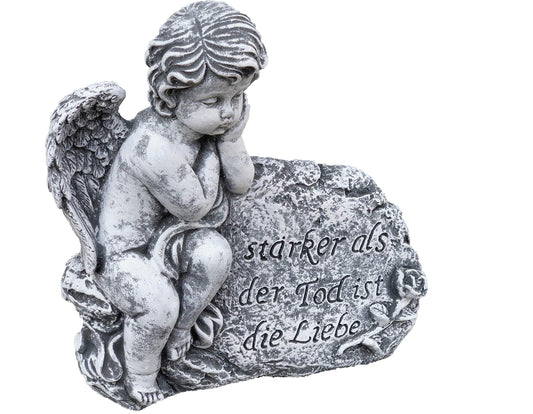 stoneandstyle grave decoration stone figure angel on rock with mourning saying, solid stone casting, frost and weather resistant