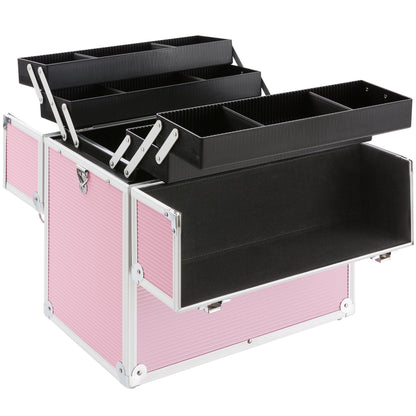 Arebos cosmetic case | 26L | with carrying strap | 13 compartments | aluminum | with lock & key | fold-out shelves | customizable with 8 dividers | 39 x 36 x 23 cm | Pink.