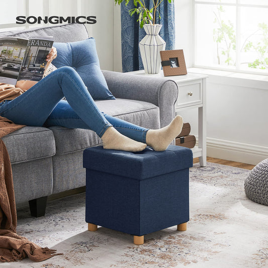 SONGMICS Storage Ottoman, Small Folding Bench, 38 x 38 cm Footrest, Storage Box, Holds up to 300 kg, for Living Room Bedroom Dorm, Midnight Blue LSF14IN