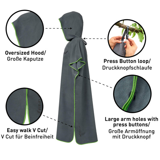 Fit-Flip Surf Poncho Microfiber - Changing Robe for Beach - Adult Beach Towel - Quick Dry Bathrobe - Surfing Beach Poncho - Ultralight Surf Ponchos (Size M, Dark Gray/Green)