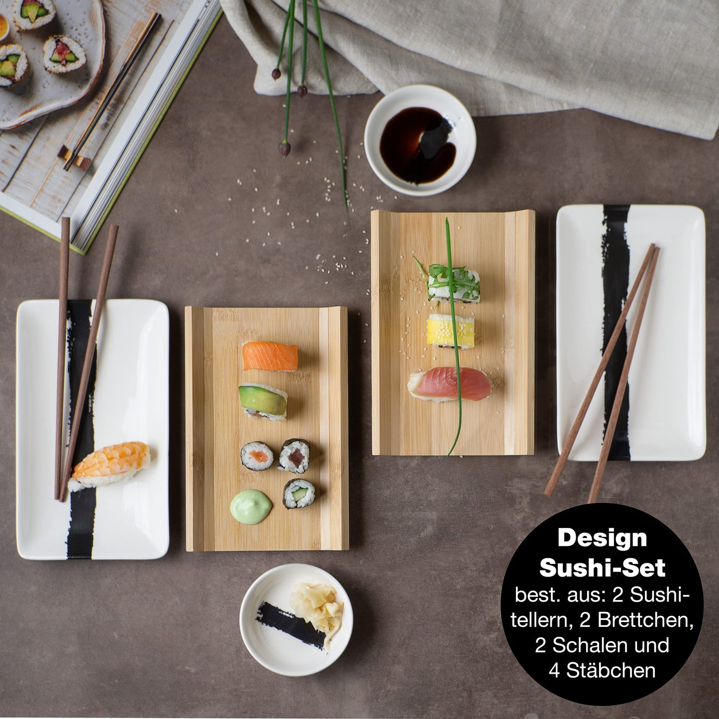 Moritz & Moritz 8-piece sushi tableware set for 2 people - sushi serving set with 2 sushi plates, dip bowls, and chopsticks.