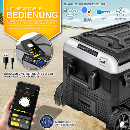 tillvex® Compressor Cooler Box electric 40-60 liters | Electric Freezer Box WIFI-APP control 12/24 V 230V | Refrigerator up to -20 °C for car, truck, camping (Black, 60 liters)