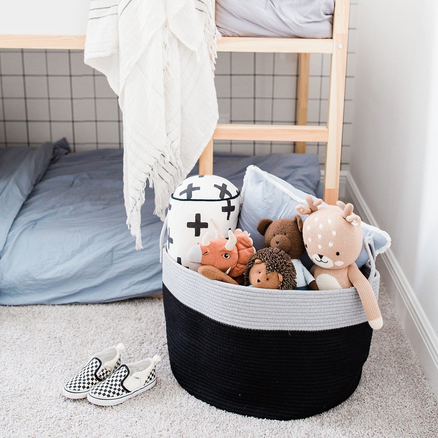OrganiHaus Large woven storage basket made of cotton with handles, toy basket for kids' room, laundry basket for blankets, pillows, clothes, handwoven basket for living room - 50x33 cm, Black/Gray