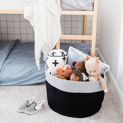 OrganiHaus Large woven storage basket made of cotton with handles, toy basket for kids' room, laundry basket for blankets, pillows, clothes, handwoven basket for living room - 50x33 cm, Black/Gray