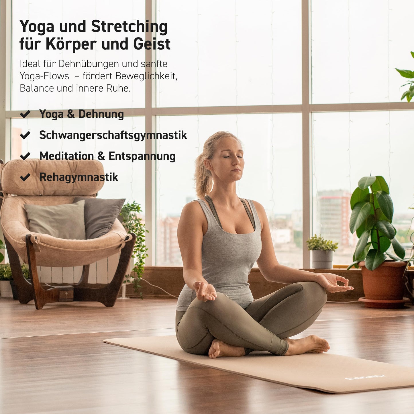 MSPORTS Gymnastics Mat Premium including carrying strap + exercise poster + workout app I Skin-friendly fitness mat 190 x 60 x 1.5 cm - Beige-Caramel - Phthalate-free yoga mat