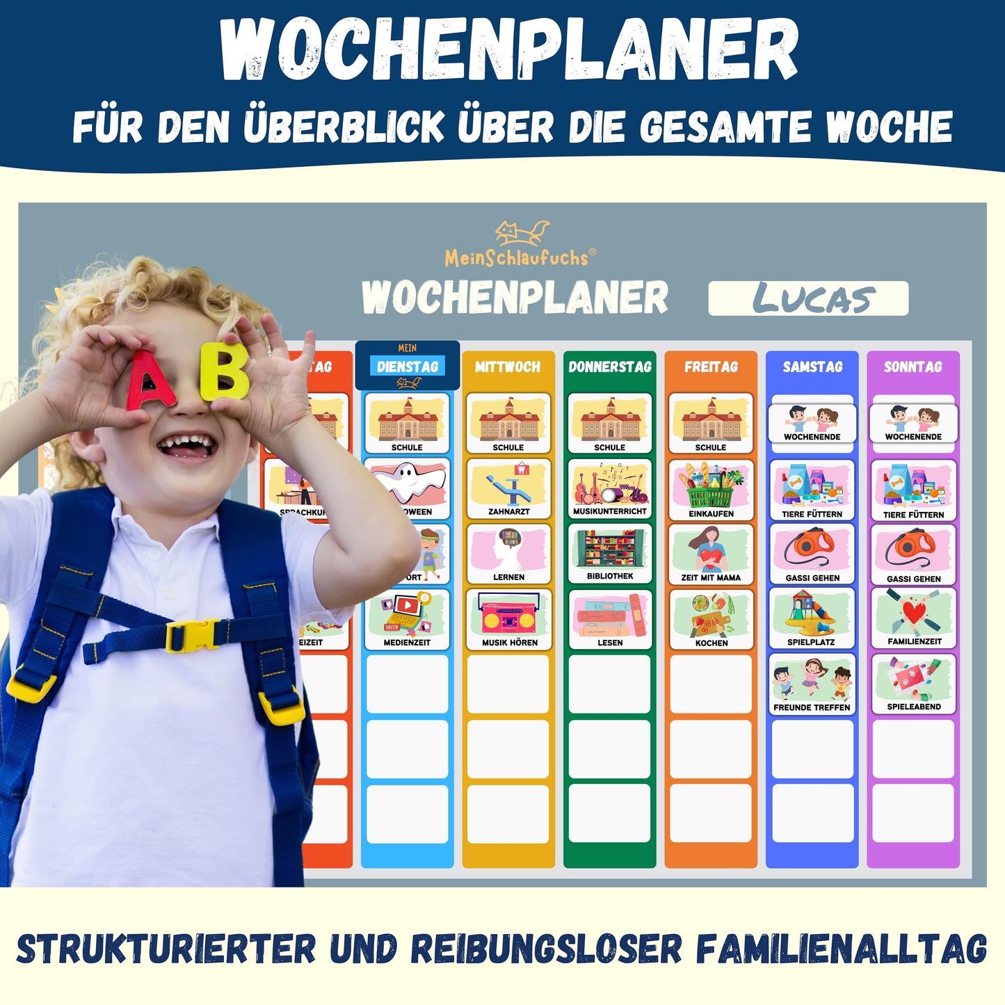 My Clever Fox® Weekly Planner for Kids - Montessori Magnetic Board with 250 Magnets, Storage Box, Cord & Marker - Write & Wipe - Kids Routine Planner - Kids Calendar