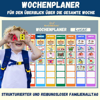My Clever Fox® Weekly Planner for Kids - Montessori Magnetic Board with 250 Magnets, Storage Box, Cord & Marker - Write & Wipe - Kids Routine Planner - Kids Calendar