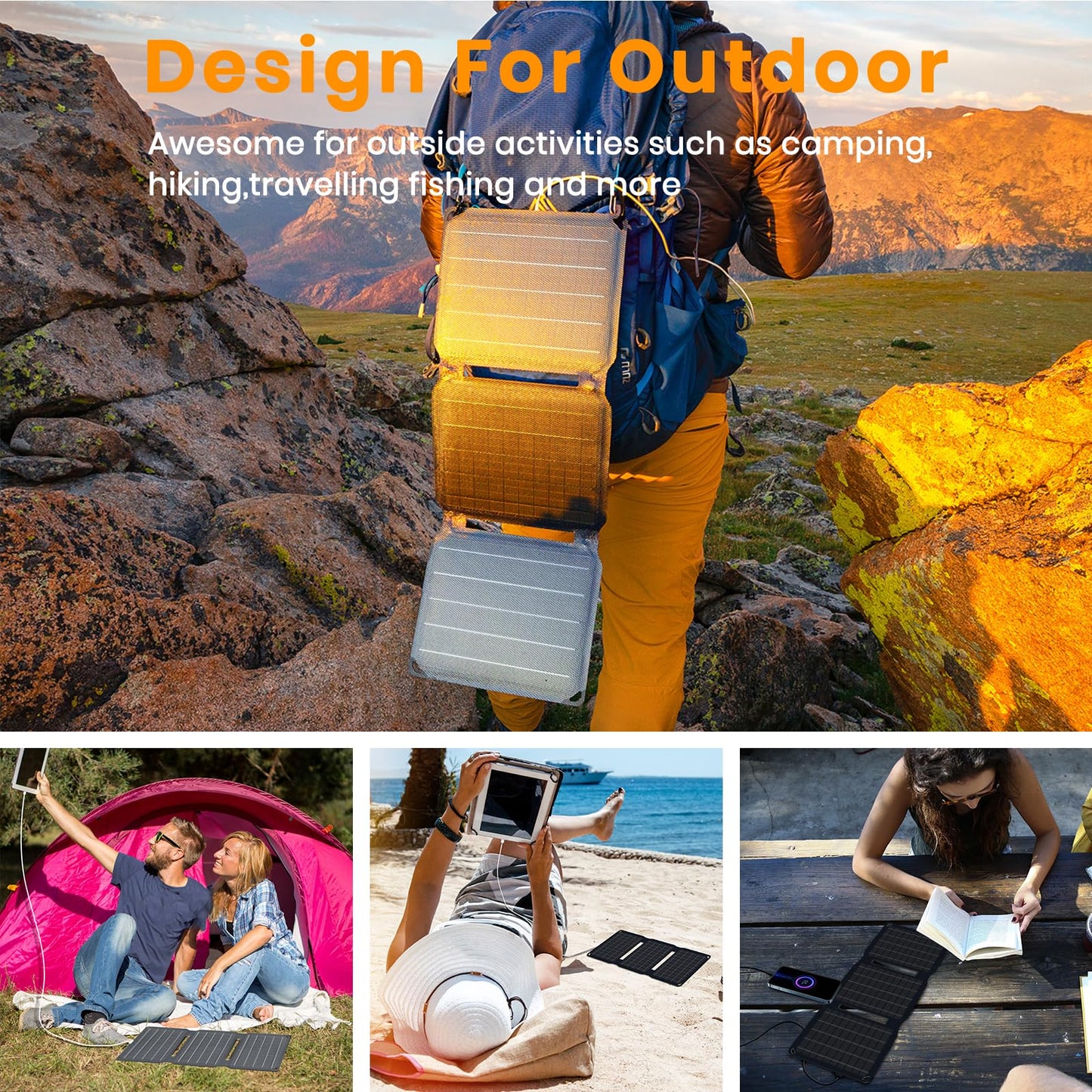 FlexSolar 15W portable solar panel charger (5.5V/2.9A max), waterproof, foldable, IP67, with USB port, compatible with iPhone Xs/X/8/7, iPad, camping, backpacking