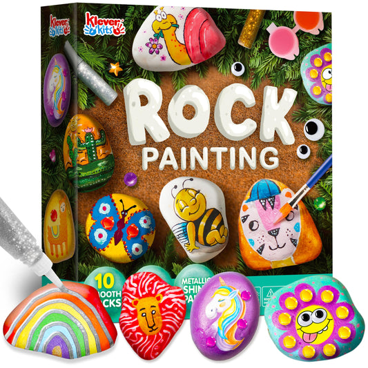 JOYIN 10pcs Rock Painting Kit for Kids with 18 Colors (Standard Metallic colors, Stickers, Glitter glue) Creative Stone Painting, Craft Kit Rock Painting Set Gift Girls 6-12 Years