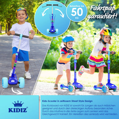 KIDIZ® Roller Kids Scooter X-Pro2 Trike Scooter with PU LED Light-Up Wheels Children's scooter foldable kick scooter adjustable height city scooter kids scooter for boys girls 3-12 years, Blue