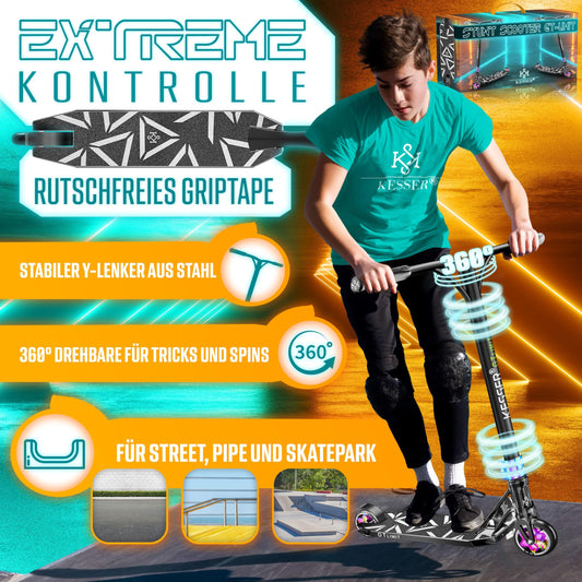 KESSER® Stunt Scooter GT-Limit 360° steering fun scooter stunt scooter with stand ABEC 9 bearings, 110 mm PU wheels, kick scooter push scooter trick roller for kids adults.