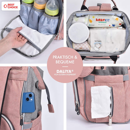 Daliya® PAKMI diaper backpack with pacifier pocket & changing pad & changing pad pouch & keychain - diaper bag mom bag backpack with lots of storage space - pink grey