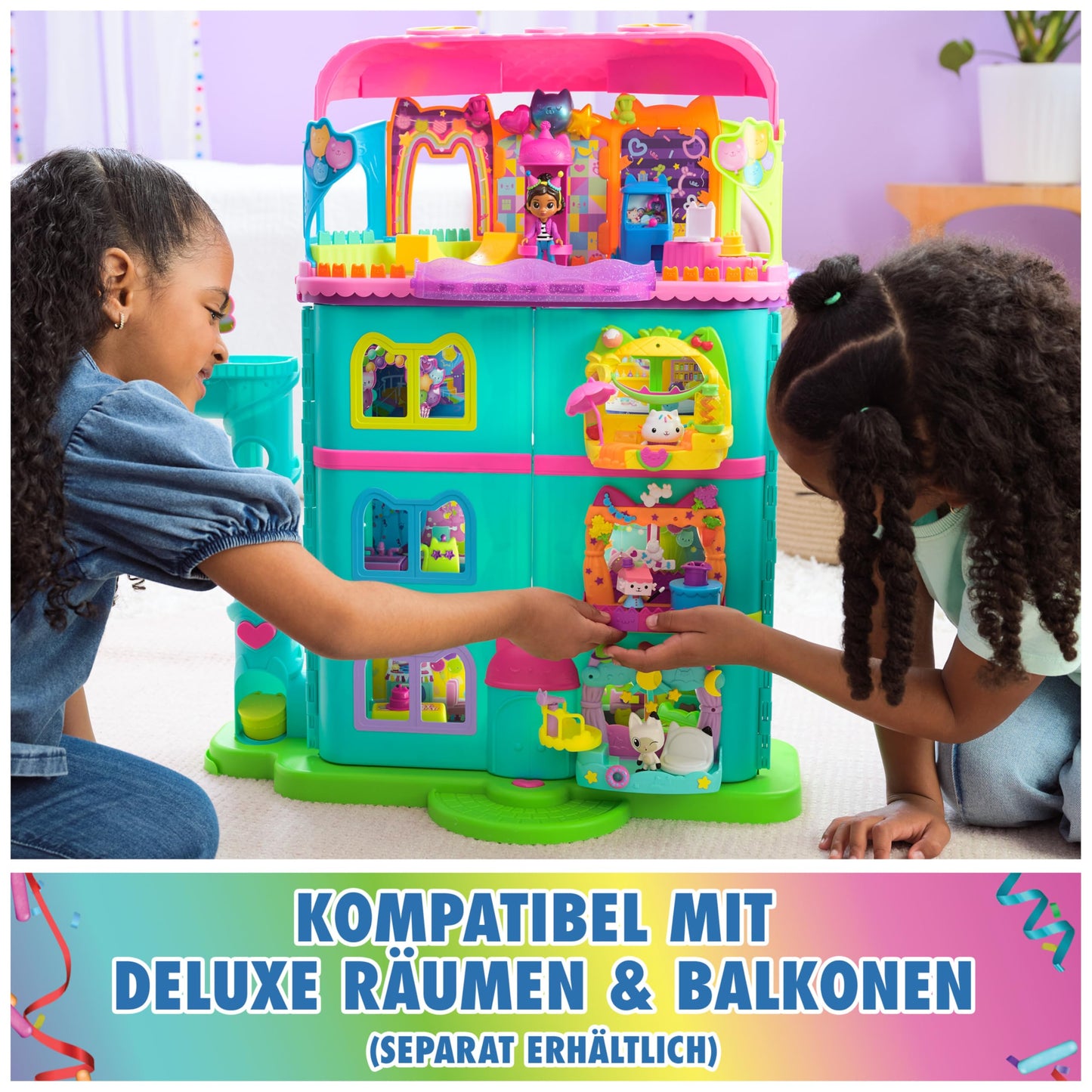 Gabby's Dollhouse, 15-piece Purrfect Party dollhouse play set in rainbow colors, over 60cm with Gabby figure, furniture, and sound effects, for ages 3+.