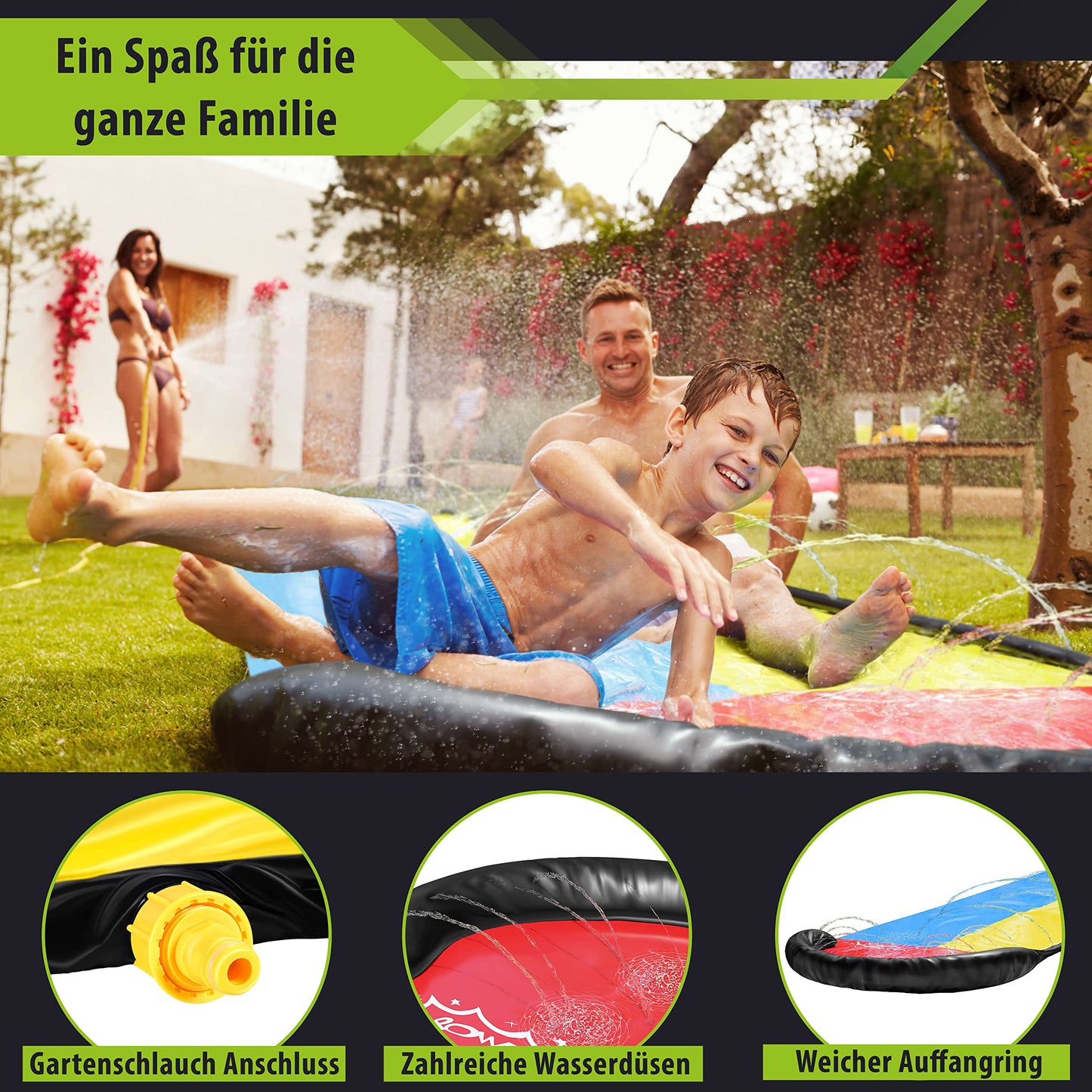Balinco - Double water slide 4.80 x 1.40 m with 2 surf cushions & anchoring pegs - Large water slide for garden & outdoor - Sprinkler slip mat for children & adults - Water toy for summer.