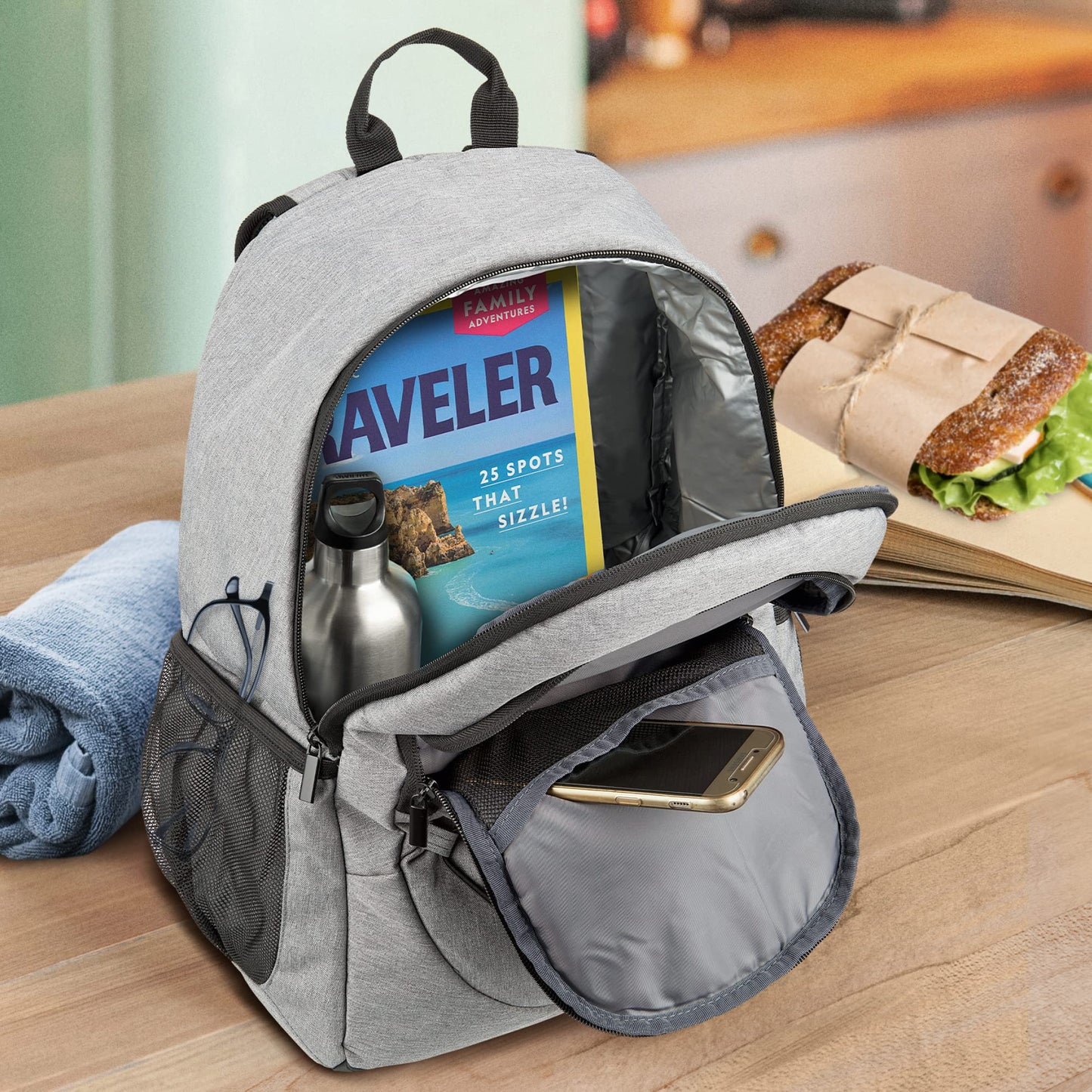 bomoe Cooler Backpack 25L - Outdoor backpack with 16h cooling function - Beach backpack with plenty of pockets to store items - Insulated cooler backpack - Grey cooler backpack - IceBreezer KR45