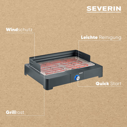 SEVERIN tabletop grill with stainless steel grill grate for inside and outside, electric grill with fast grill start, balcony grill without risk of burns, Black, PG 8565.