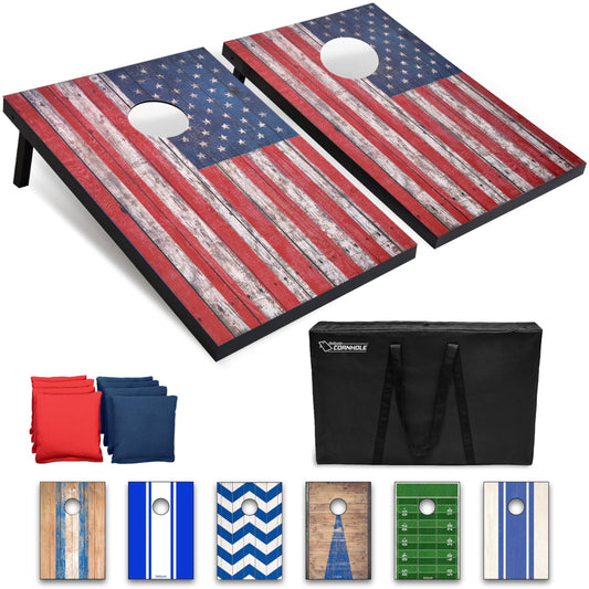 GoSports Cornhole Game Set with American Flag design, 90 x 60 cm, includes two 90 x 60 cm boards, 8 bean bags, and carrying case.