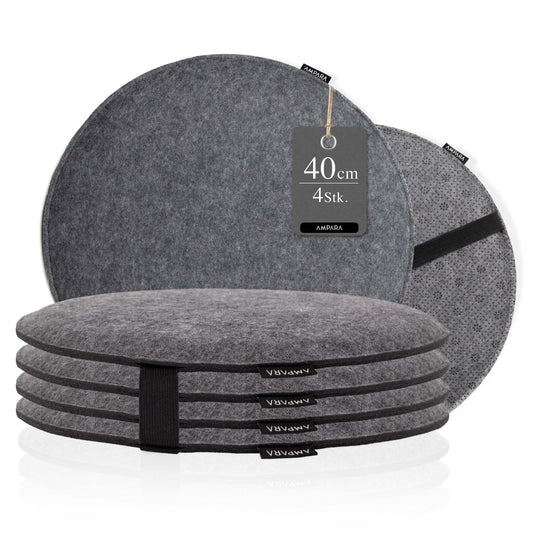 Ampara - Set of 4 - Elegant round chair cushions 40cm - non-slip & comfortable, round felt seat cushions, grey