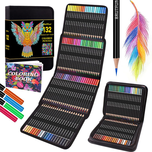 Melifluo 132 colored pencils set, 1 coloring book, Portable premium zipper case. Perfect for adults and artists for sketching, shading, and doodling.