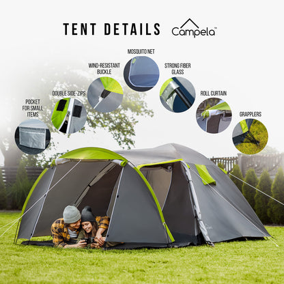 Campela 3 4 person tent waterproof 3000mm with vestibule & mosquito net - camping tent family tent for outdoor, festival, hiking, vacation - quick setup tunnel tent with ventilation