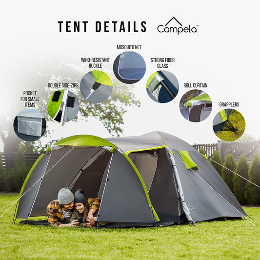 Campela 3 4 person tent waterproof 3000mm with vestibule & mosquito net - camping tent family tent for outdoor, festival, hiking, vacation - quick setup tunnel tent with ventilation