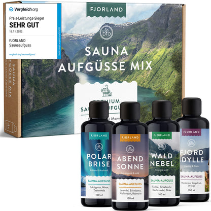 Fjorland Sauna infusion Set organic 4 x 100 ml sauna scents gift set - Essential sauna infusions in high-quality gift box