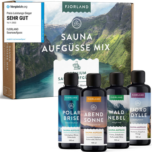 Fjorland Sauna infusion Set organic 4 x 100 ml sauna scents gift set - Essential sauna infusions in high-quality gift box