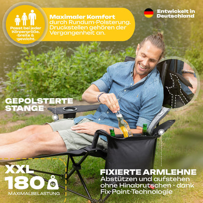 Faltbuddy® camping chair foldable & lounger collapsible 2in1 180kg black [XXL cooler bag] folding chair I collapsible chair I fishing chair camping lounger beach lounger foldable lightweight - angler beach festival outdoor