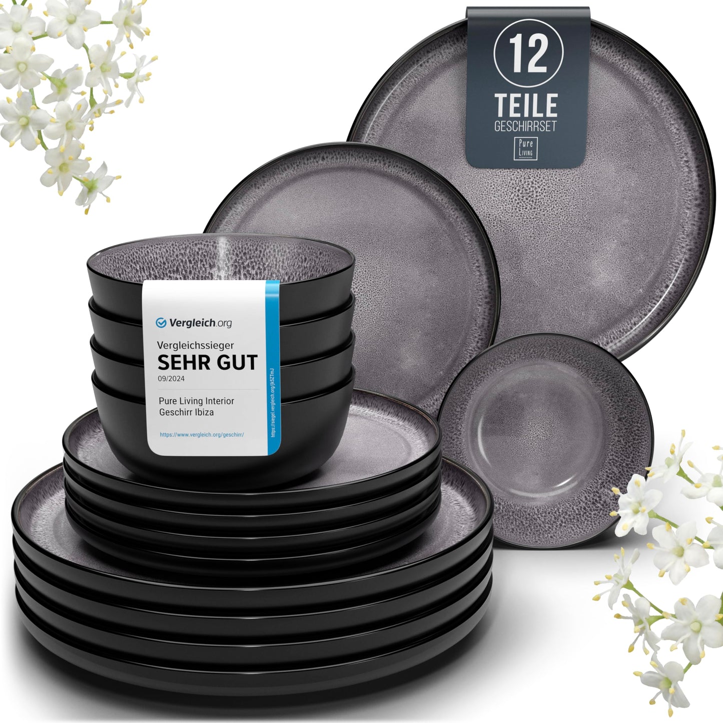 Stoneware dinnerware set for 4 people Ibiza 12 pcs. WINNER, Gorgeous Mediterranean Stoneware Dinnerware Set, Bowl and Plate Set, Tableware for 4 people, Pure Living dinnerware sets in grey.